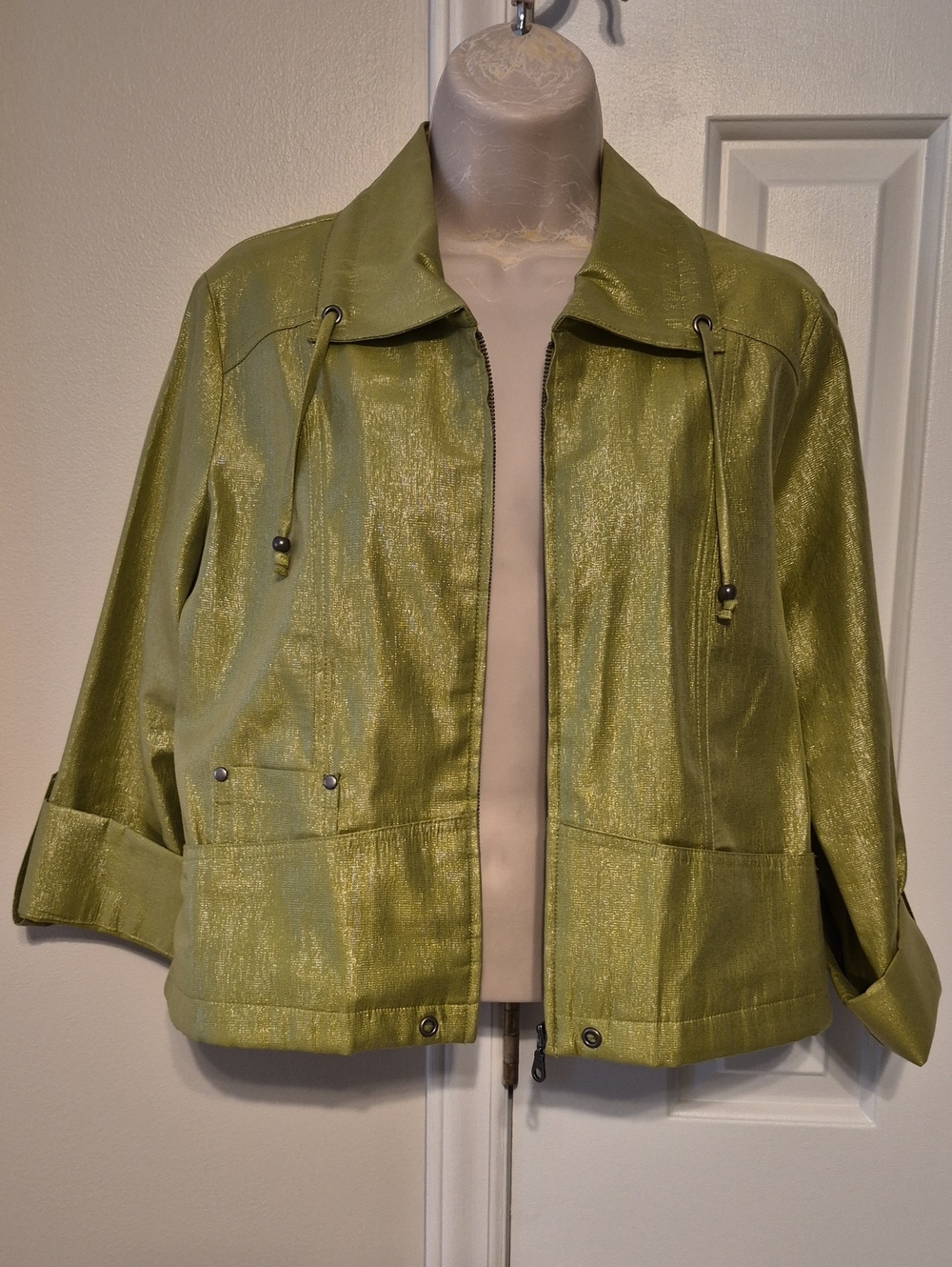 Ruby Rd. Shimmer Light Green Zip-Front Utility Jacket - Picture 6 of 8